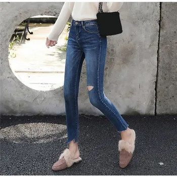 

2018 New Women Irregular Pencil Jeans Fashion Ripped Holes Destroyed Denim Pants Hole Casual Stretch Skinny Trousers