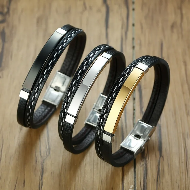 

Vnox Mens Multi-layer Leather Bracelets for Women Stylish Stainless Steel ID Tag Cuff Bangle Unisex Accessory