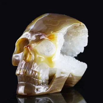

4.94"BIG GEODE AGATE Handmade Carved Crystal Skull Crystal Realistic Crystal Healing Furnishing Articles Figurine AC22