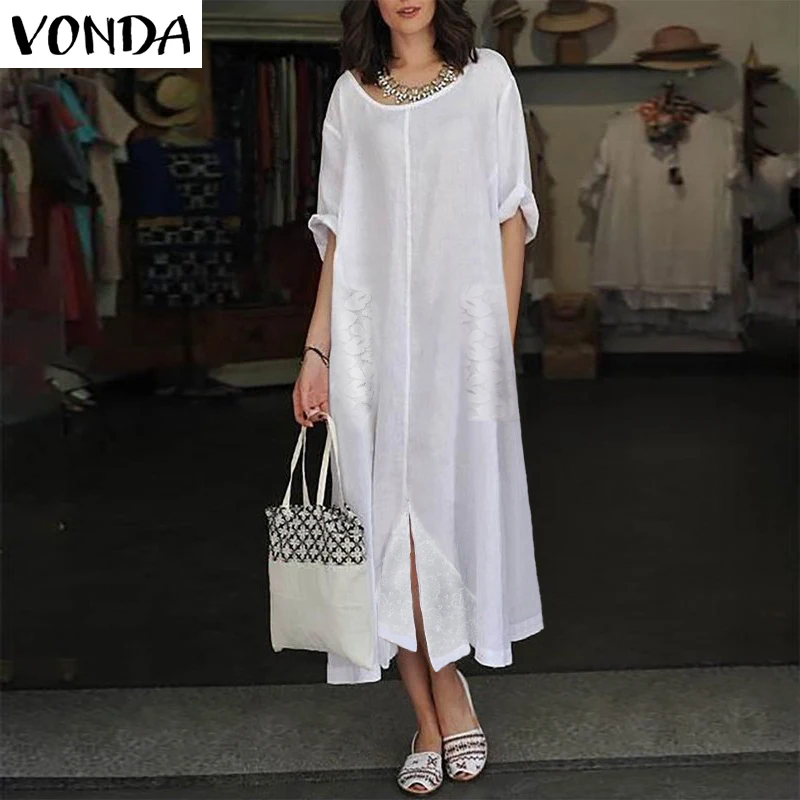 

Women White Dress 2019 VONDA Autumn Sexy Long Maxi Party Dresses Vintage Lace Patchwork Split Hem O Neck Vestidos