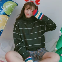 2018 New Arrival Women Casual Pullovers Sweaters Knitted Sweater Autumn Loose Striped Turtleneck Sweaters 6 Colors