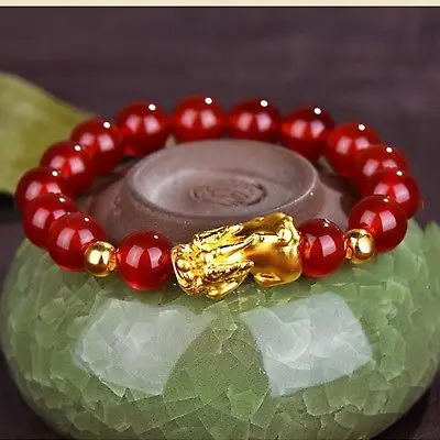 

ONSALE Pure 24K Yellow Gold 14*8mm 3D Lucky Pixiu Link Red Agate Chain Bracelet