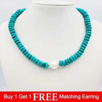 

Natural Stone Blue Color Turquoises 9mm Beads&Baroque Pearl 11-13mm Beads Magnet Clasp Fashion Necklace 18''/45cm