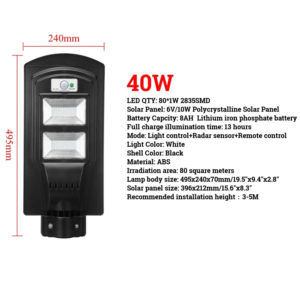 

40W Waterproof Wall Lamp Street Light Radar motion Constantly bright & Induction Solar Sensor Light Remote Control Outdoor LED