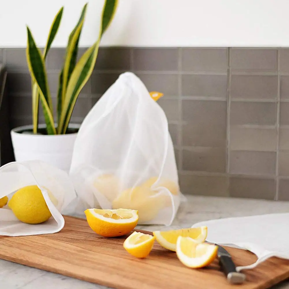 

5pcs Reusable Storage Bag Curved Polyester Mesh Stitching Vegetable And Fruit Semi-arc Mesh Storage Bag