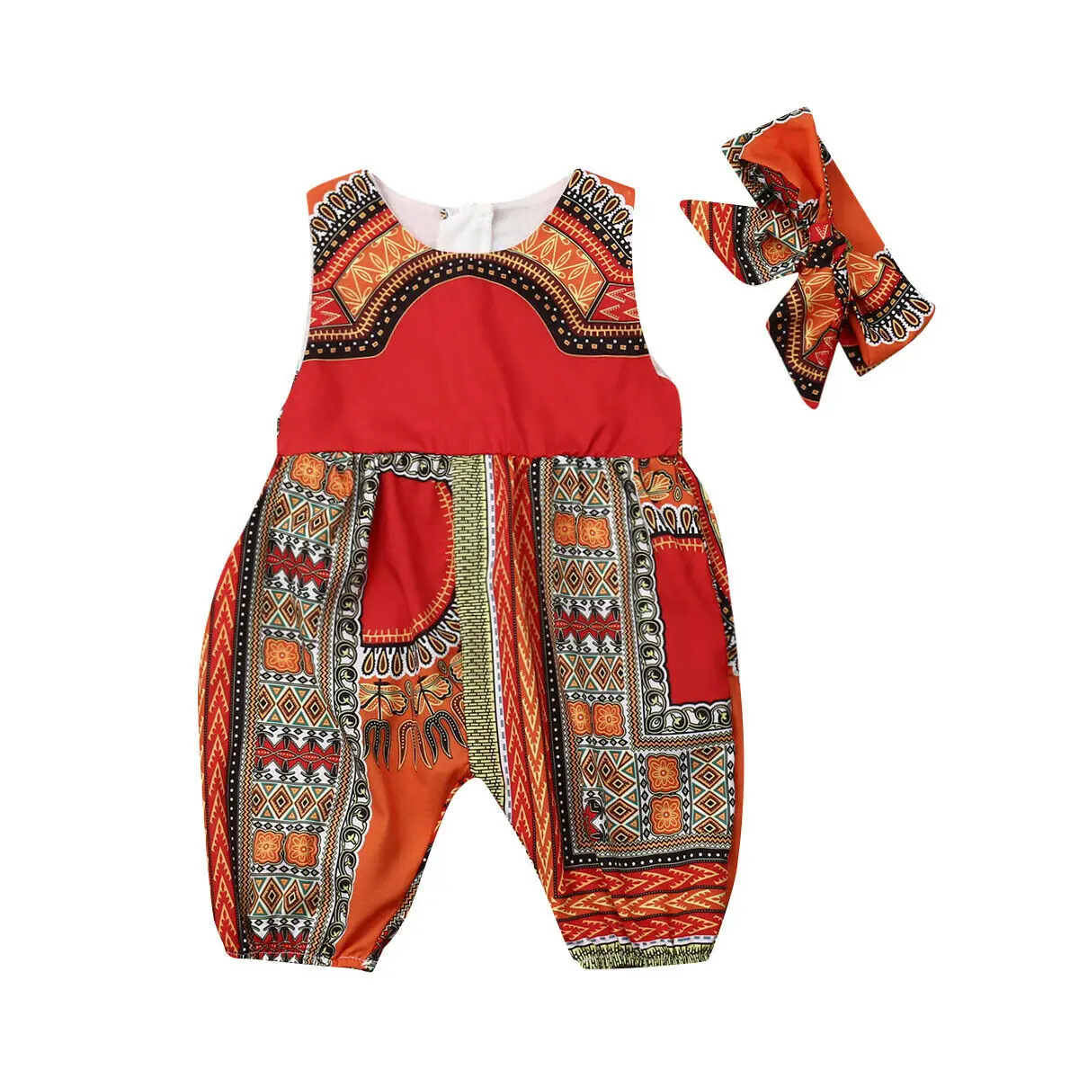 Infant Toddler Baby Kids Girls Summer Sleeveless Zippered Printing Rompers+Headband 2pcs Casual Outfits | Детская одежда и обувь
