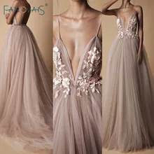 Модные Вечерние Платья, длинные тюлевые платья трапециевидной формы с глубоким v-образным вырезом, платья для выпускного вечера, кружевные платья с цветами и бисером, вечернее платье NE7