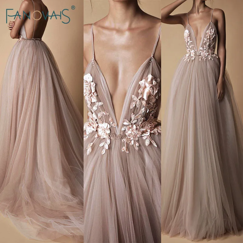 

Fashion Evening Dresses Long A-Line Tulle Deep V-Neck Prom Dresses 2019 Lace Flower Beaded Robe de Soiree Evening Party Gown NE7