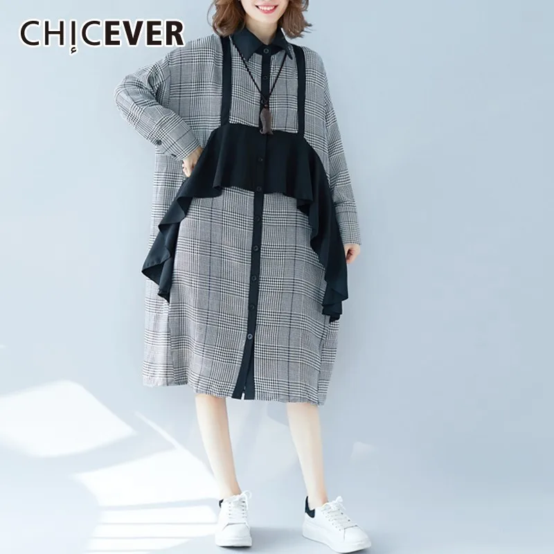 

CHICEVER Patchwork Plaid Dresses For Women Lapel Long Sleeve Single Breasted Loose Oversize Midi Dress Female Fashion Casual New