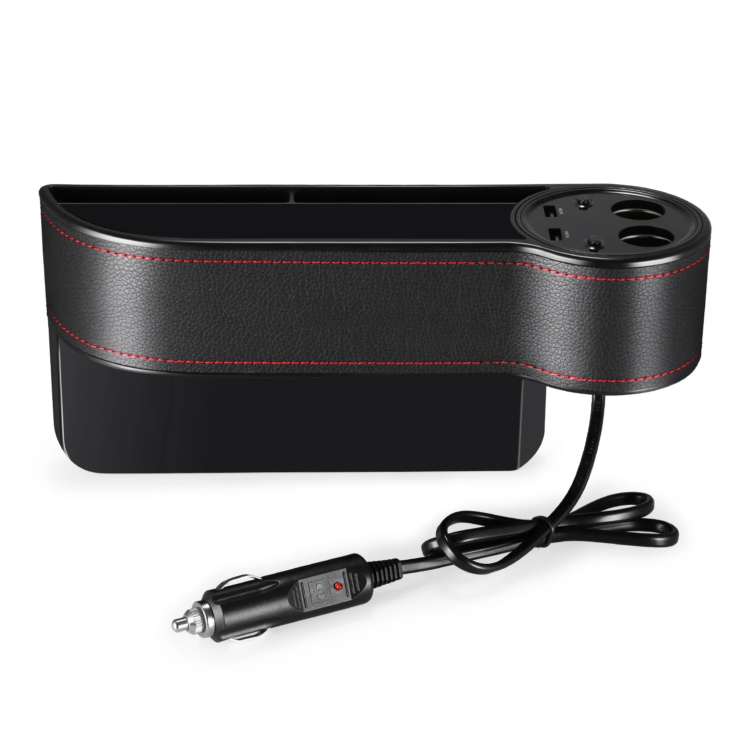 

C15 Multi-use Car Seat Storage Box PU Leather Case Pocket Car Seat Side Slit Voltage Display 2 Cigarette Lighter