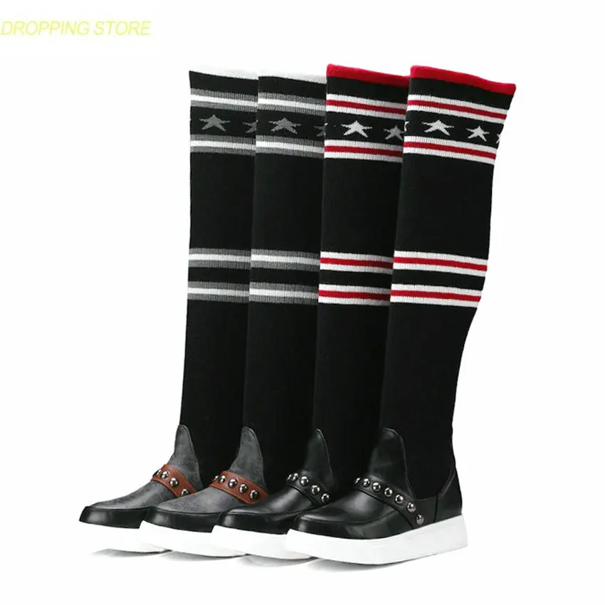 

New Women Black Grey Stretch Long Boots Wedge Knit Stocking Thigh High Boots Round Toe Over The Knee High Sneakers