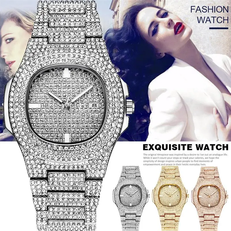 Женские часы, кварцевые женские золотые модные наручные часы с бриллиантами, женские наручные часы из нержавеющей стали, женские часы с календарем