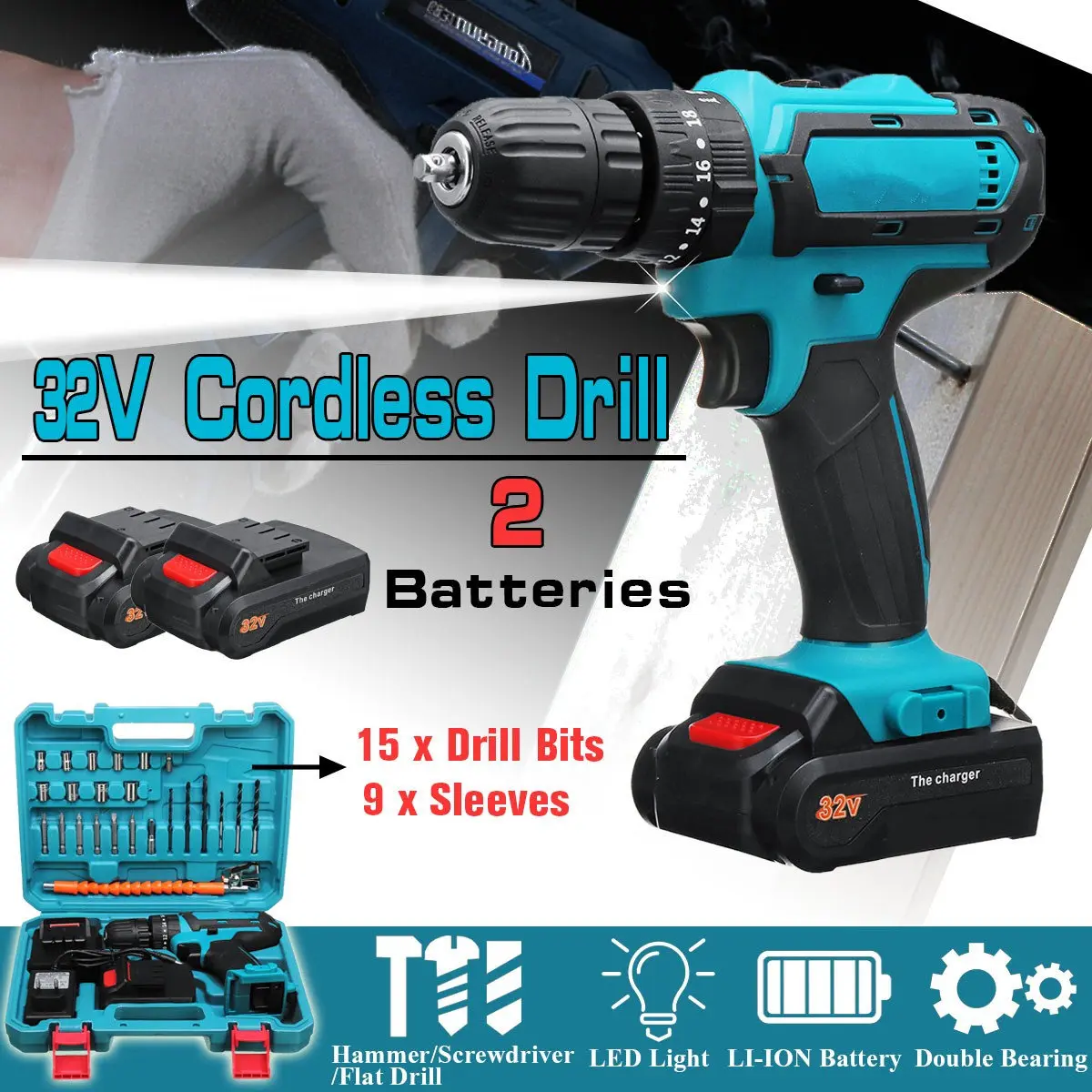 

Electric Screwdriver Cordless Drill 32V Max 2 Batteries Impact Drill Power Driver 2 Speed 3 IN1 Electric Hand Drill Power Tool