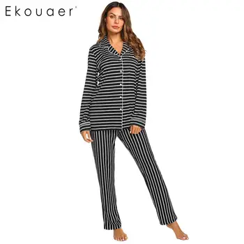 

Ekouaer Pajamas Set Women Striped Nightwear Sets Casual Loose Pocket V-Neck Button Shirts And Long Pants Sleepwear Pajama Set