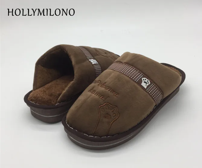 

MENS WF19 WINTER THICK FLAT HEELS HOME INDOOR FAUX FUR SLIPPERS EMBROIDER THICKNESS PLUSH SLIPPER FOR MEN BROWN NAVY BLUE