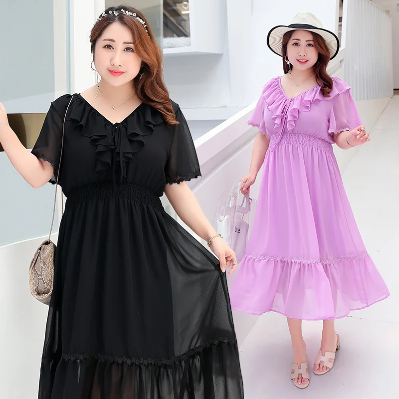 

Solid color XL-4XL Korean long maxi dress large size ruffles V-Neck casual summer chiffon dress big size women beach dresses