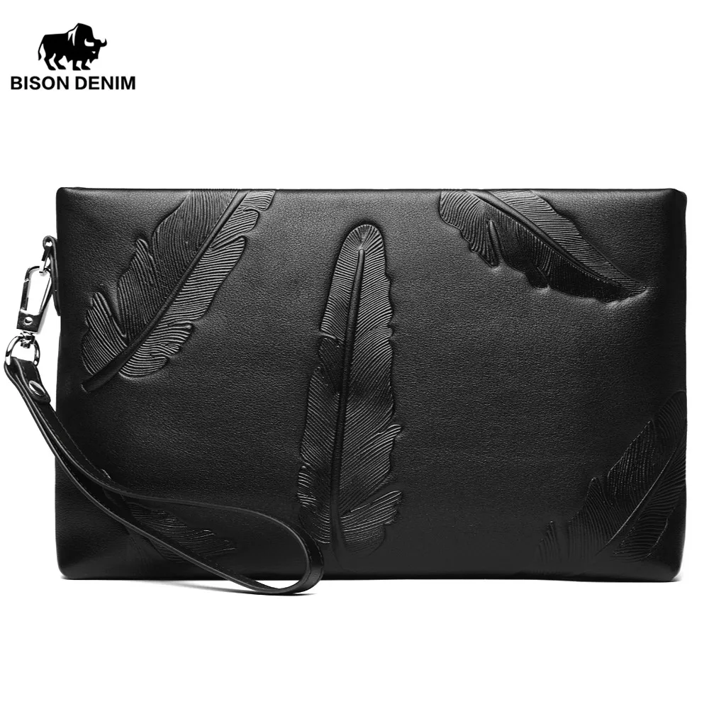 

BISON DENIM Brand High Quality Men Clutch Bag Genuine Leather Handbags Large Capacity Men's Bag Cowhide Envelope