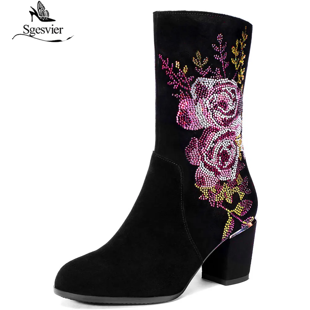 

Sgesvier Women Mid Calf Boots Size 33-43 Causal High Heels Thick Heels Fashion Boots Round Toe Shoes Woman Zip Rhinestone B943