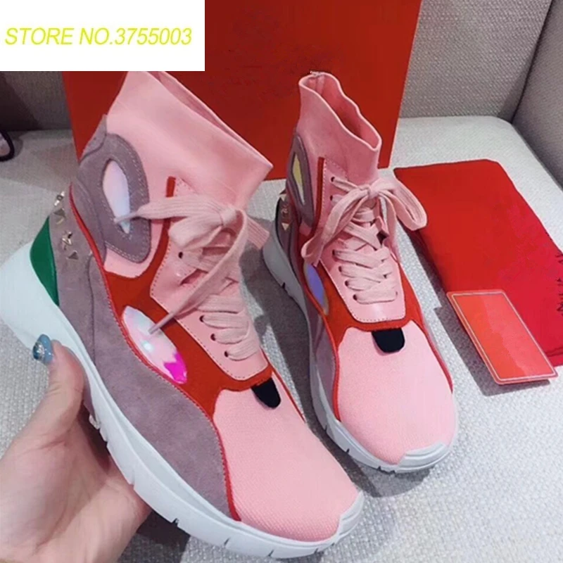 

High Top Air Mesh Patcheork Women Sneakers Runaway Lace Up Casual Shoes Platform Creepers Female Casual Flat Ladies Shoes 2018
