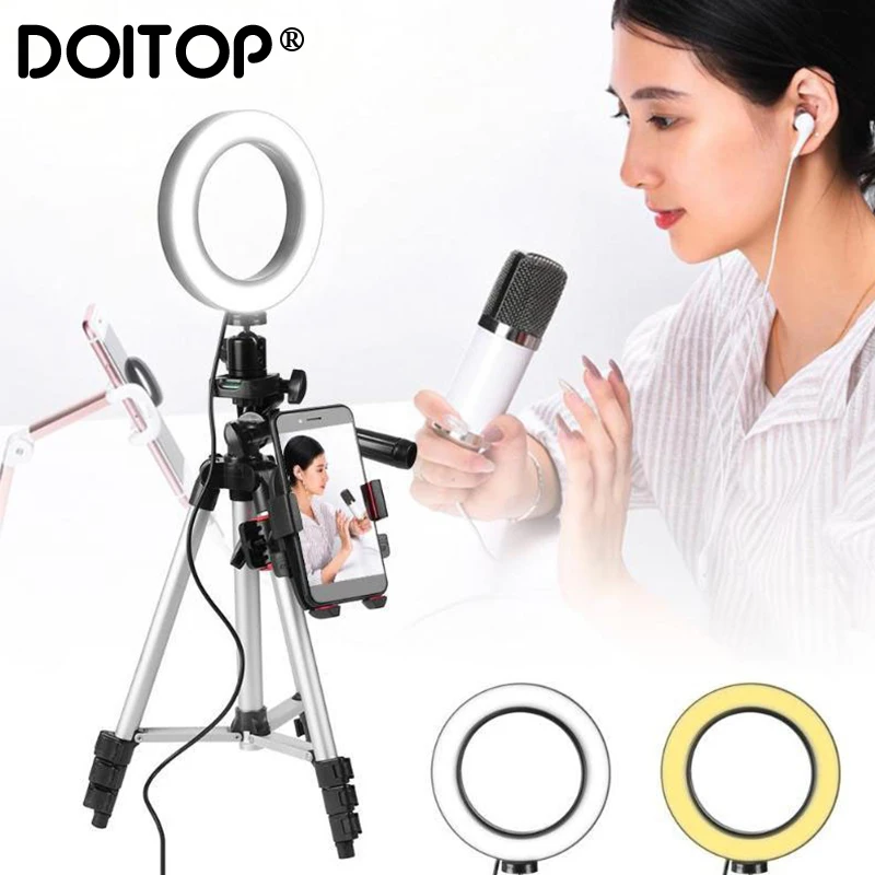 

DOITOP Dimmable LED Studio Camera Ring Light Photo Mobile Phone Video Annular Lamp Tripod Selfie Stick For Xiaomi iphone Huawei