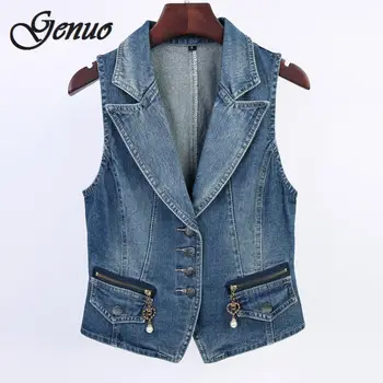 

Spring Sleeveless Women Denim Vests Plus size 3XL Fashion Casual Tops suit collar Female Waistcoats Denim Short Jackets Female