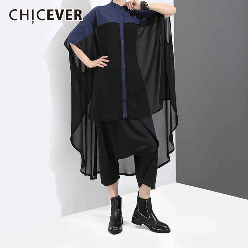 CHICEVER Women's Blouse Shirt Batwing Sleeve Hem Asymmetrical Hit Colors Perspective Chiffon Women Shirts Summer Fashion Clothes