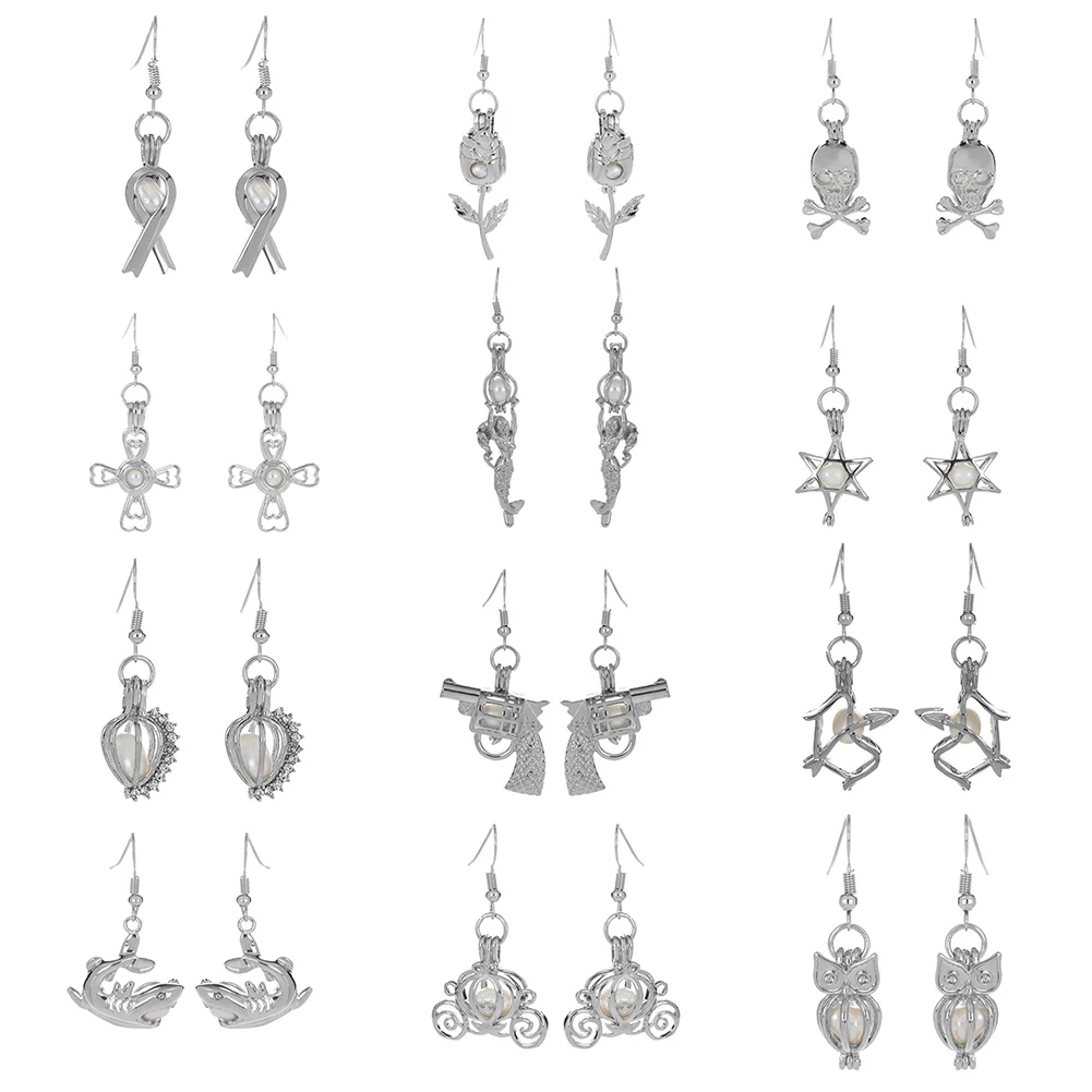 Faux Pearl Cage Pendant Ear Hook Women Silver Plated Eardrop Earrings Jewelry