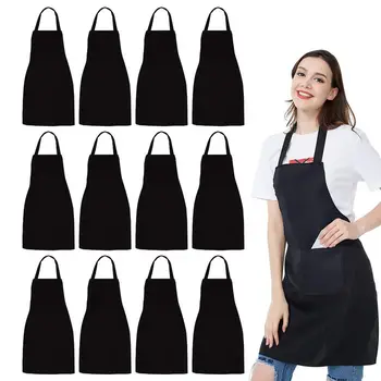 

12 Pack Bib Apron - Unisex Black Apron Bulk with 2 Roomy Pockets Machine Washable for Kitchen Crafting BBQ Drawing