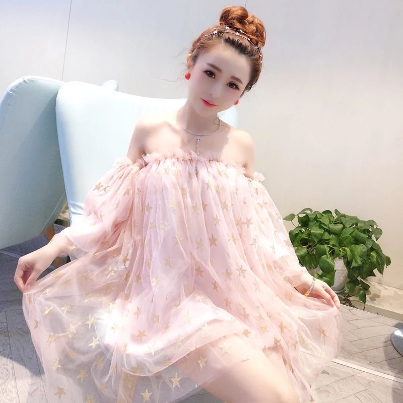 

Sweet style 2018 summer new slash neck pure color patchwork star geometric sequined long butterfly sleeve loose ball gown dress