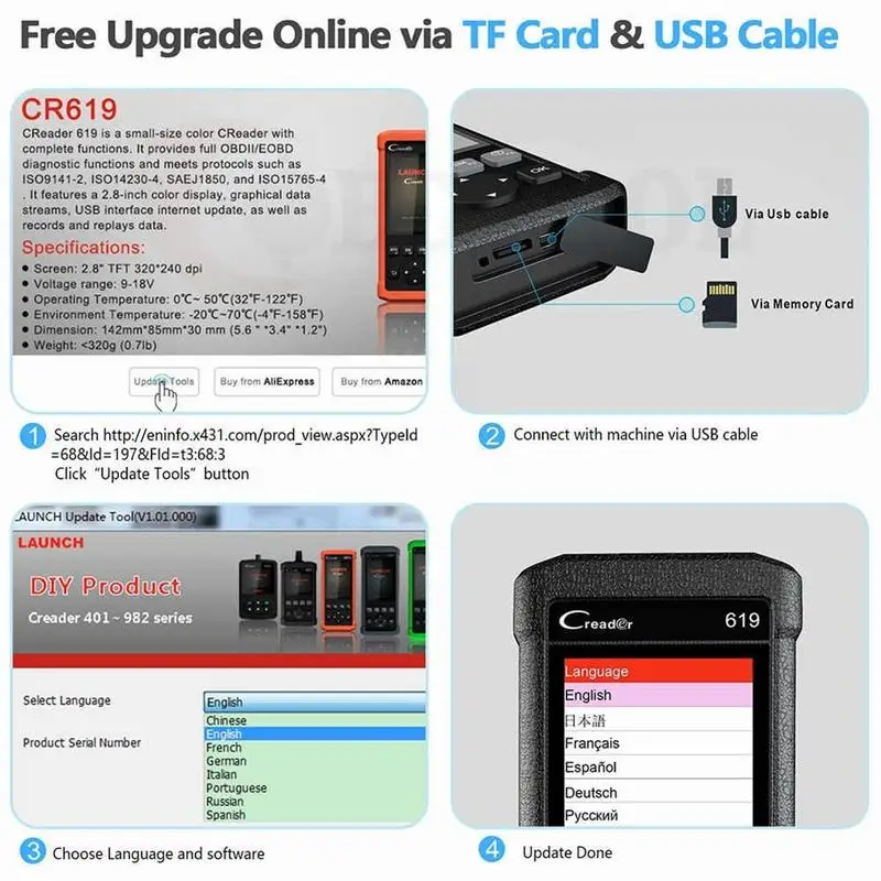 Автомобильный сканер OBD2 CR619 аксессуары для двигателей ABS SRS O2 датчик мониторинга