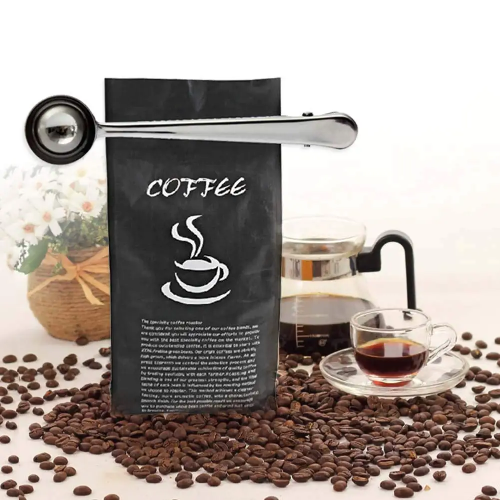 

1 Pcs Multifunctional Stainless Steel Coffee Measuring Scoop With Bag Clip Sealing Tea Measuring Spoon Metal Spoon Baking