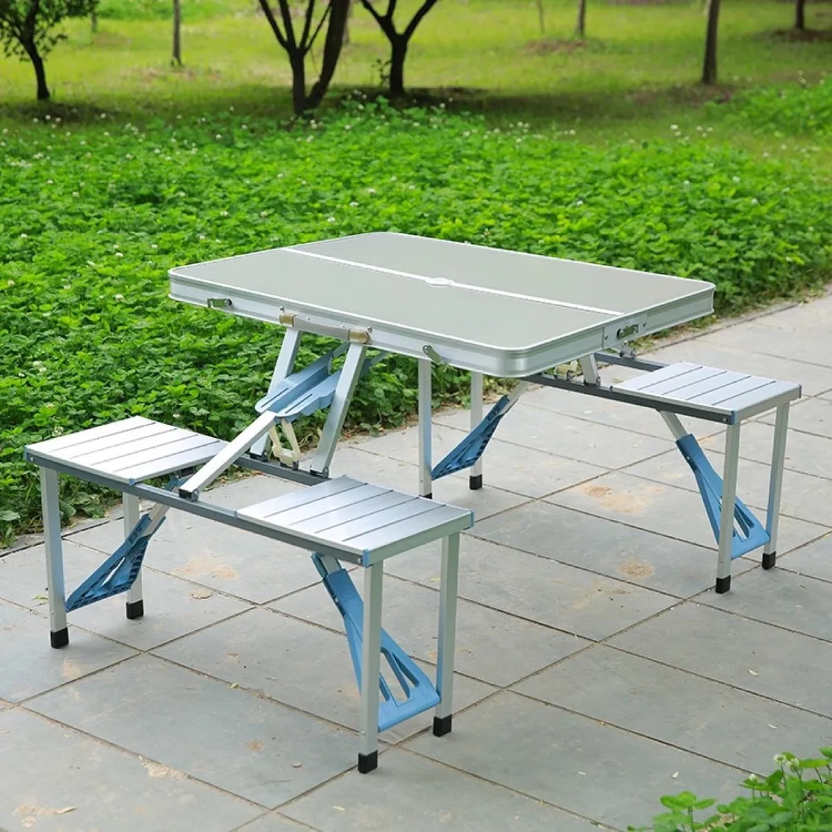 

Outdoors Leisure Time Conjoined Tables And Chairs Portable Aluminium Alloy Fold Table Chair Stall Camp Barbecue Table