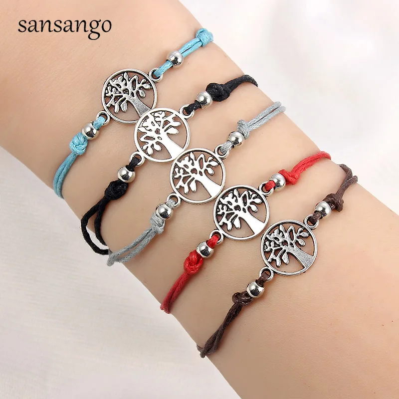 Antique Silver Tree Of Life Shape Alloy Charm Bracelet Cord Bangle Women Men 12 Pcs