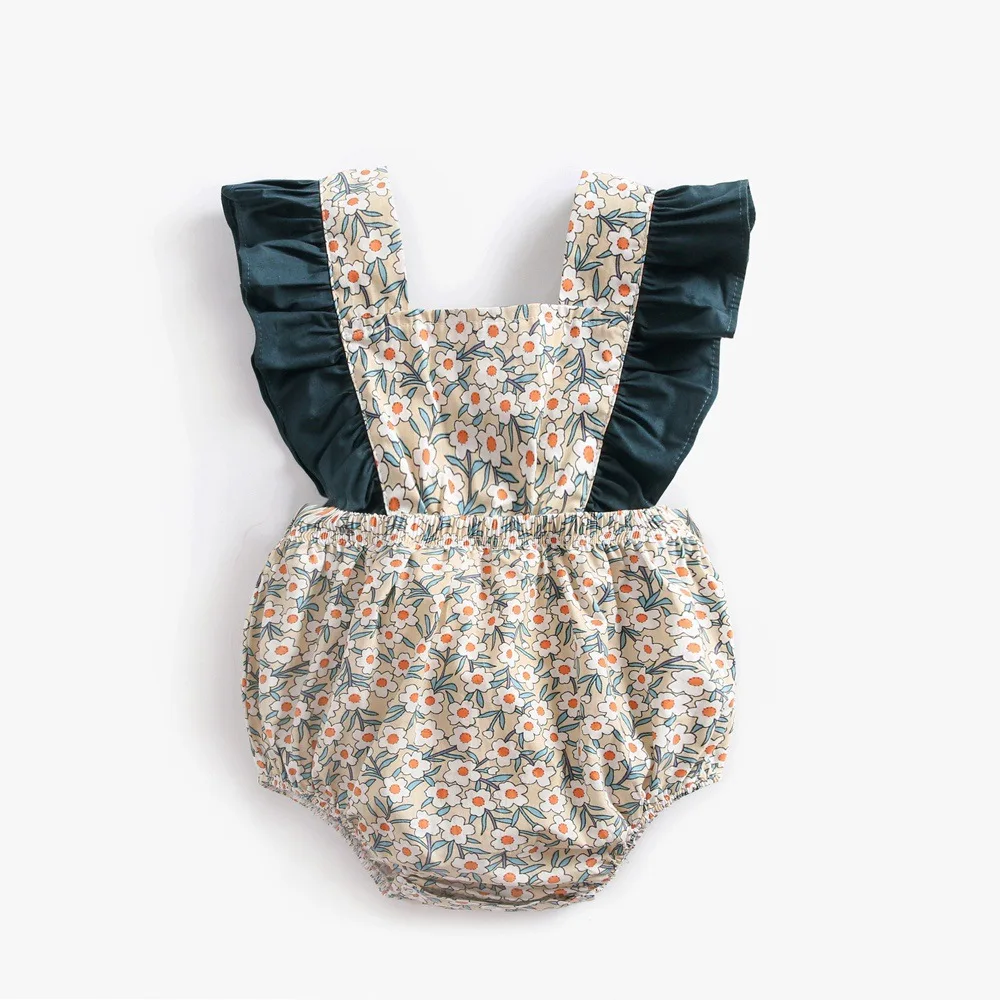 Одежда для малышей; летний комбинезон с цветочным принтом в европейском и американском стиле; Одежда для младенцев с цветной панелью; хлопковая одежда с повязкой