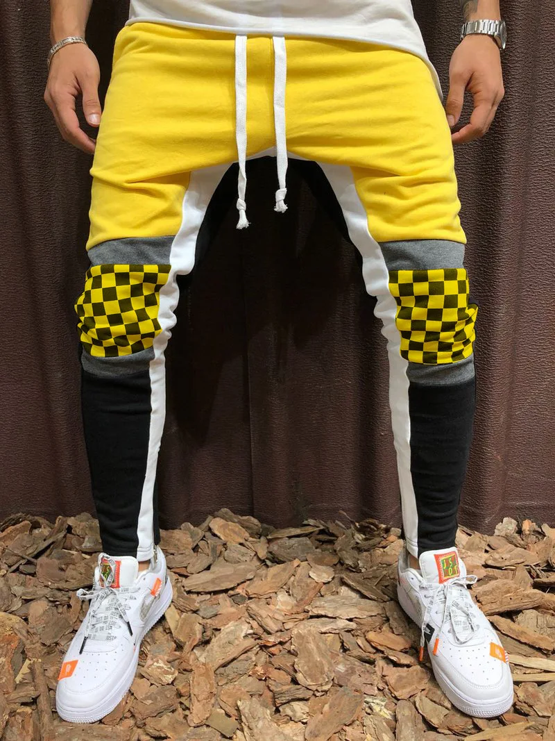 Men's Skinny Patchwork Pants Hiphop Sweatpants Yellow Track Drawstring Joggers Trousers Causal Male Side Stripe Plaid Trackpants