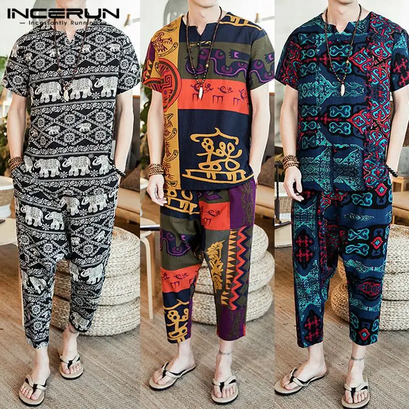 

Ethnic Style Print Men Sets Loose V Neck Short Sleeve T Shirt Pants Vintage Casual 2 Pieces Men Suit Clothes INCERUN 2019 S-5XL