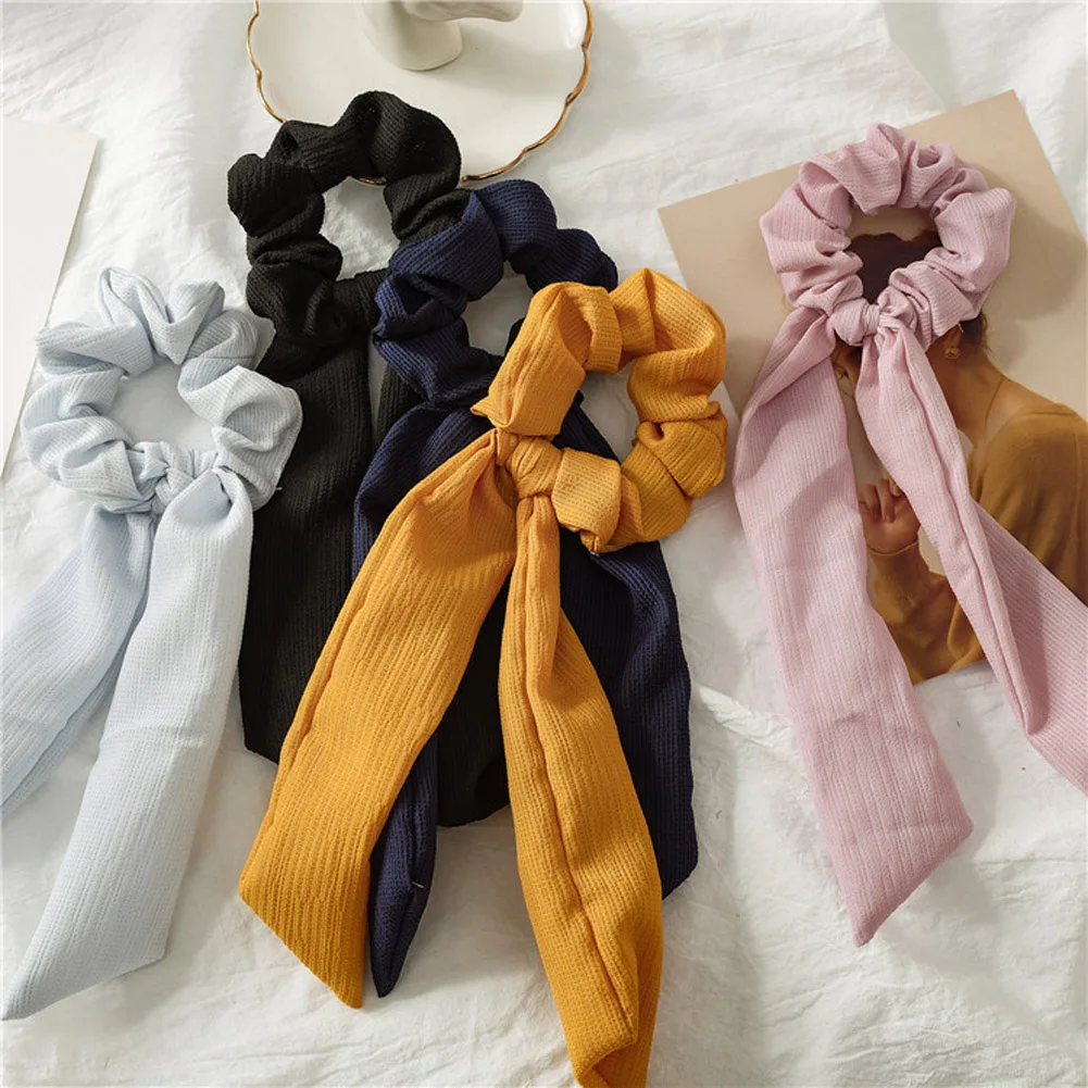 

New Women's Elegant Wrinkled Ribbon Hair Ring DIY Bow Streamers Scrunchies Hair Ties Rope Girls Hair Accessories Ponytail Holder