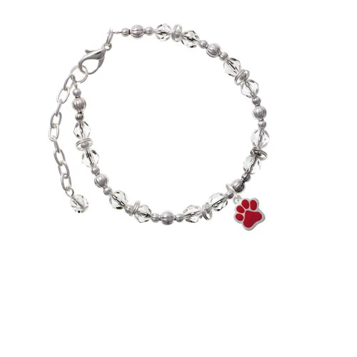 Silvertone Small Red Paw Clear Beaded Bracelet |