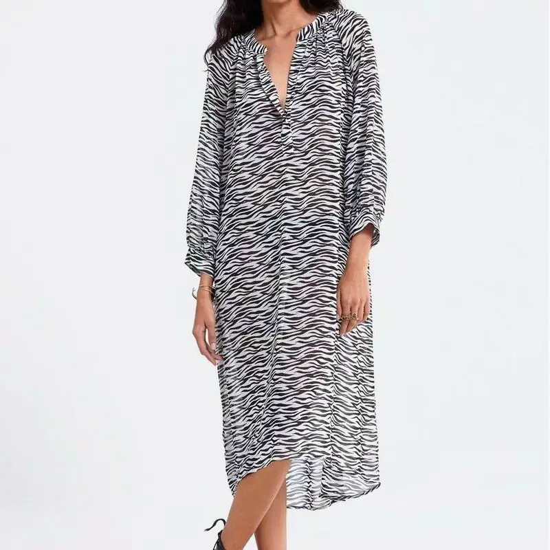 

Vintage Women Chiffon Dresses Summer 2019 Zebra-Stripe Animal Prints Pattern Modern Lady Loose Dress Feminino Vestidos