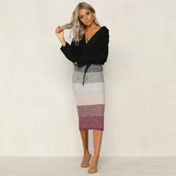 

New Fashion Women Skirt Bodycon Slim High Waist Stretch Striped Long Skirts Women's Stylish Pencil Skirt