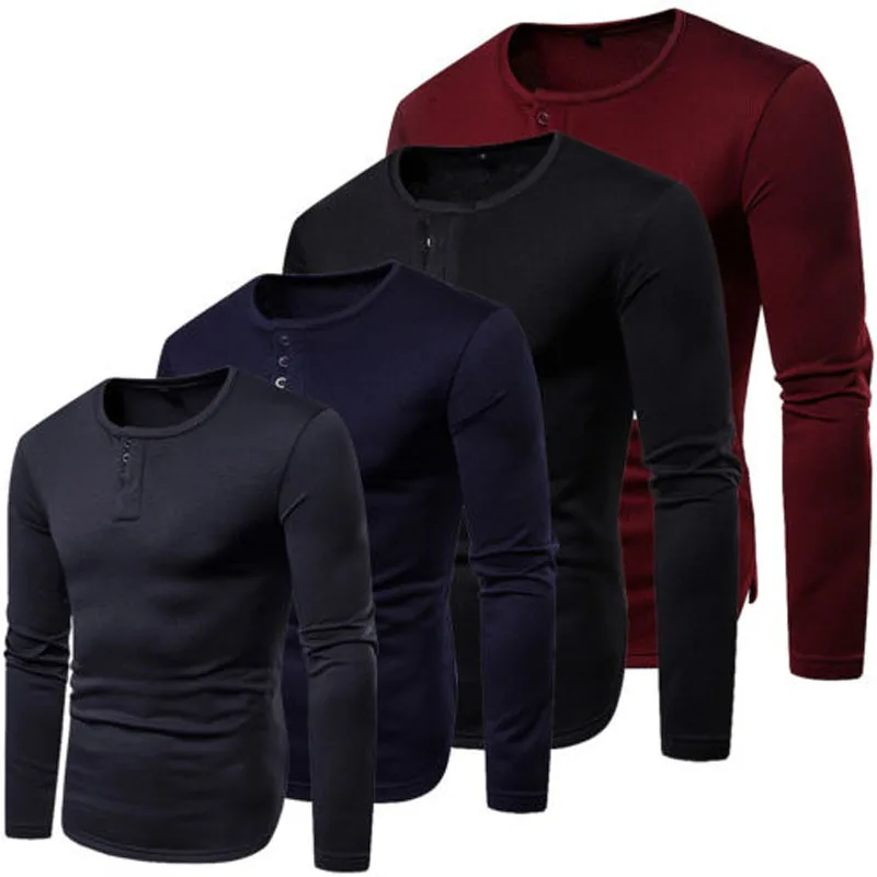 

2018 Brand New Fashion Top Men Long Sleeve T-Shirt Tee Slim Fit Casual Solid Button Top Henley Basic Shirt