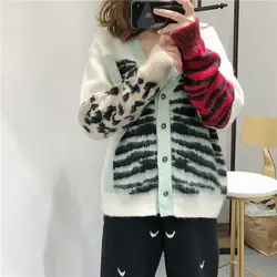 2019 Весна Harajuku для женщин Лоскутная Leopard трикотажные свитеры для кардиганы с длинным рукавом Женский Уличная джемпер пальт