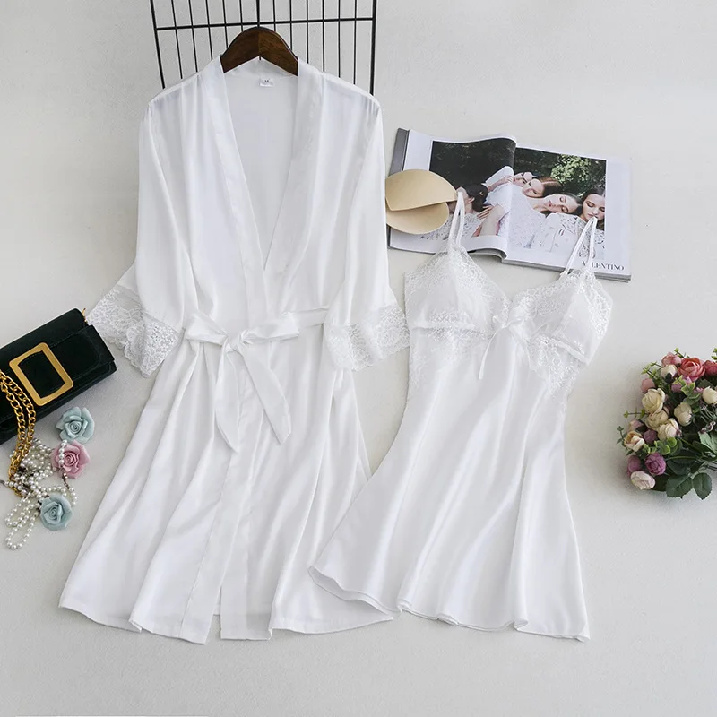 MECHCITIZ Women Robe Gown Sets 2 Piece Nightdress Bathrobe Summer Sleepwear Female Satin Kimono Silk Robes Sleepwear Lounge Suit