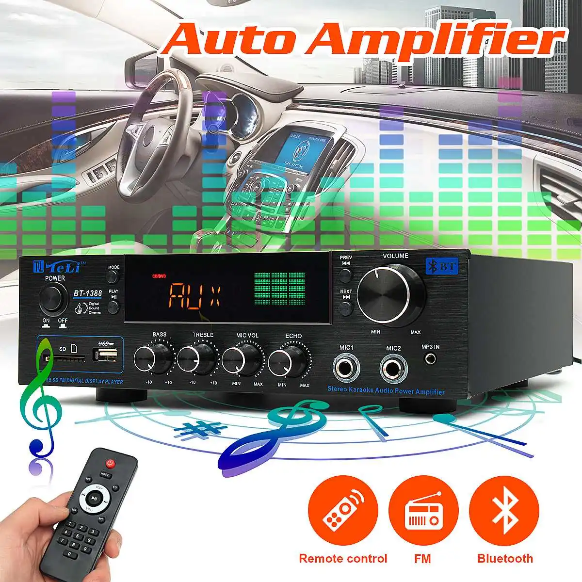 

220V-240V 1388 2*200W bluetooth Stereo 2.0 Amplifier HiFi Power Remote Control USB SD Aux Mic Input Auto Amplifier