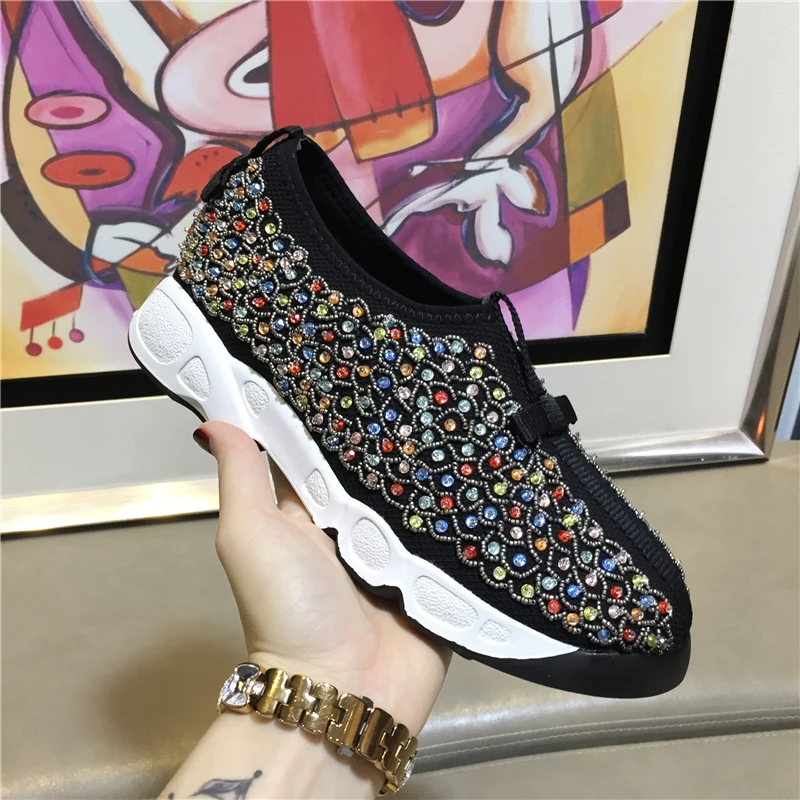

Hot Spring Autumn Shallow Slip On Flats Shoes Woman Sneakers Crystal Studs Round Toe Casual Flats Woman Lazy Shoes Zapatos Mujer
