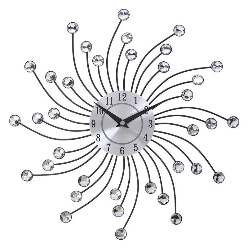 

Large Black Wall Clock Diamante Beaded Jeweled Sunburst Metal Clock Fashion Silent Living Room Wall Decor Home Decoration