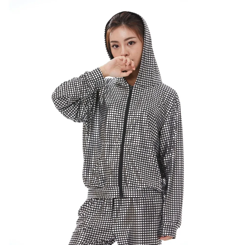 Finest  Spring Autumn Kid Audlt Bomber Pockets Jacket Silver Paillette Plaid Stage Performance Feminina Cas