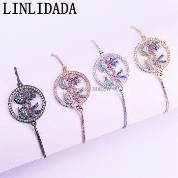 

10Pcs CZ Micro Pave Boy Girl Connector Bracelet, Cubic Zirconia Pave Round Charm Slider Chain Bracelets