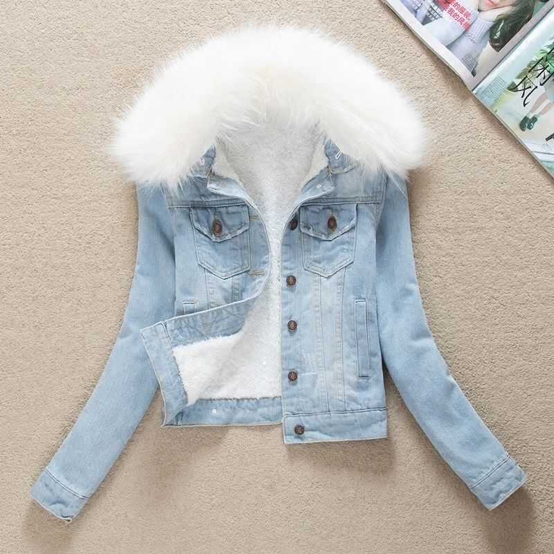 Best New Denim Jacket Fur Collar Warm Parka Winter Basic Bomber Jean Coat Women Lamb Fur Padded Outwear