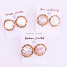 10 пар амулет для оптовой торговли круглый дизайн натуральный пресноводный жемчуг Золотая проволока обертывание серьги гвоздики для женщин ювелирные изделия